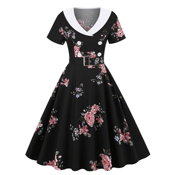 Women Short Sleeve Retro A Line Party Dress Button Cocktail Dress Floral