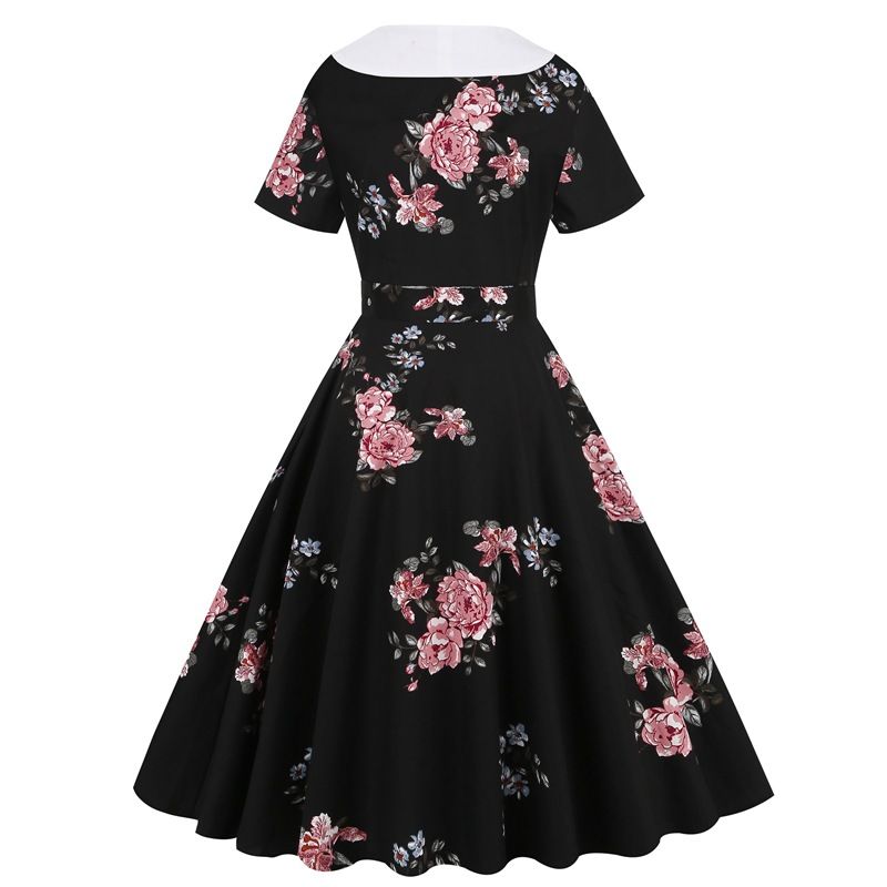 Women Short Sleeve Retro A Line Party Dress Button Cocktail Dress Floral