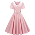 Women Short Sleeve Retro A Line Party Dress Button Cocktail Dress Pink