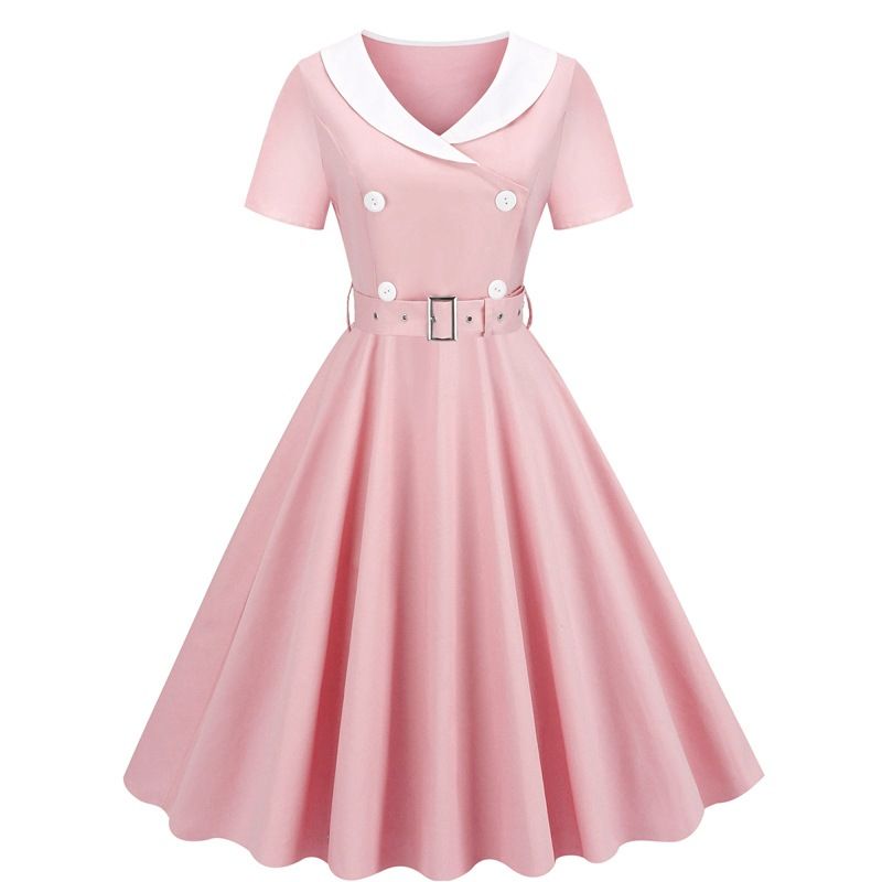 Women Short Sleeve Retro A Line Party Dress Button Cocktail Dress Pink