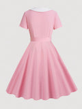 Women Short Sleeve Retro A Line Party Dress Button Cocktail Dress Pink