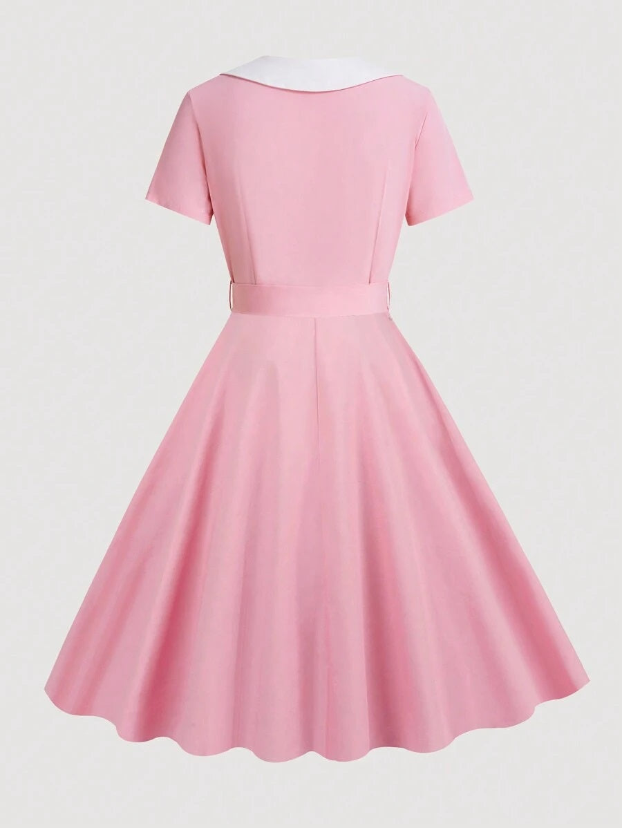 Women Short Sleeve Retro A Line Party Dress Button Cocktail Dress Pink
