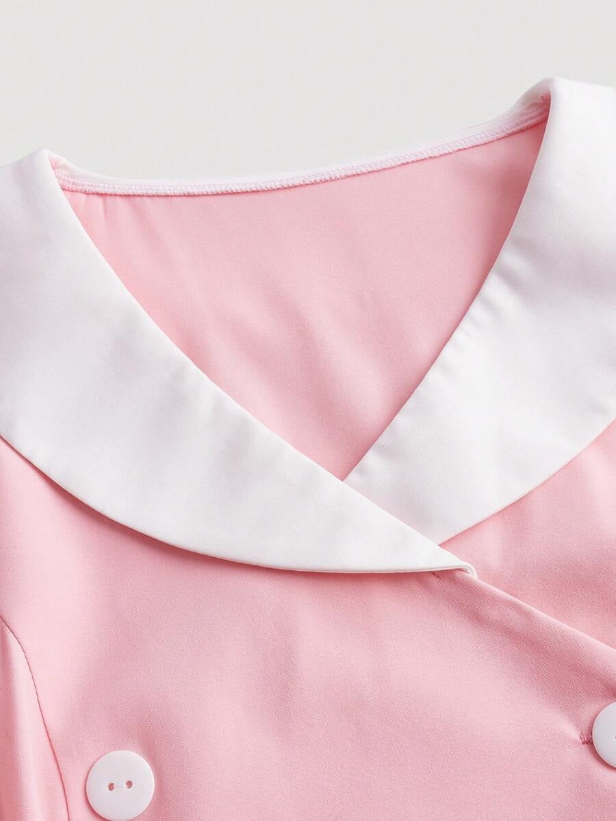 Women Short Sleeve Retro A Line Party Dress Button Cocktail Dress Pink