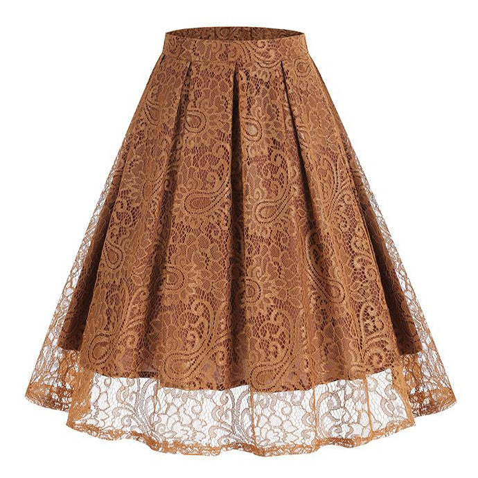 Women Summer Vintage Embroidery Lace Long Skirt Office Lady Half Skirt Brown
