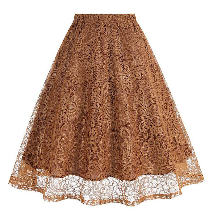 Women Summer Vintage Embroidery Lace Long Skirt Office Lady Half Skirt Brown