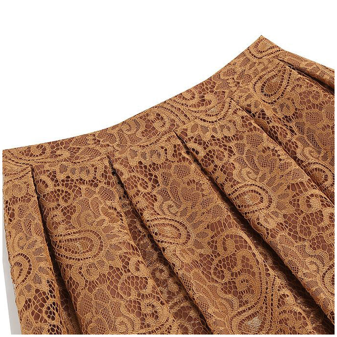 Women Summer Vintage Embroidery Lace Long Skirt Office Lady Half Skirt Brown