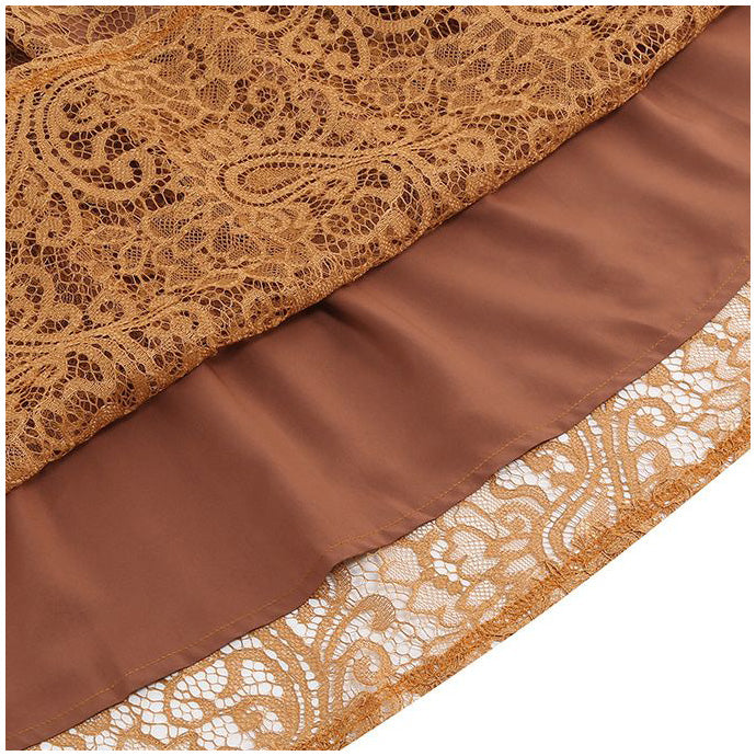 Women Summer Vintage Embroidery Lace Long Skirt Office Lady Half Skirt Brown