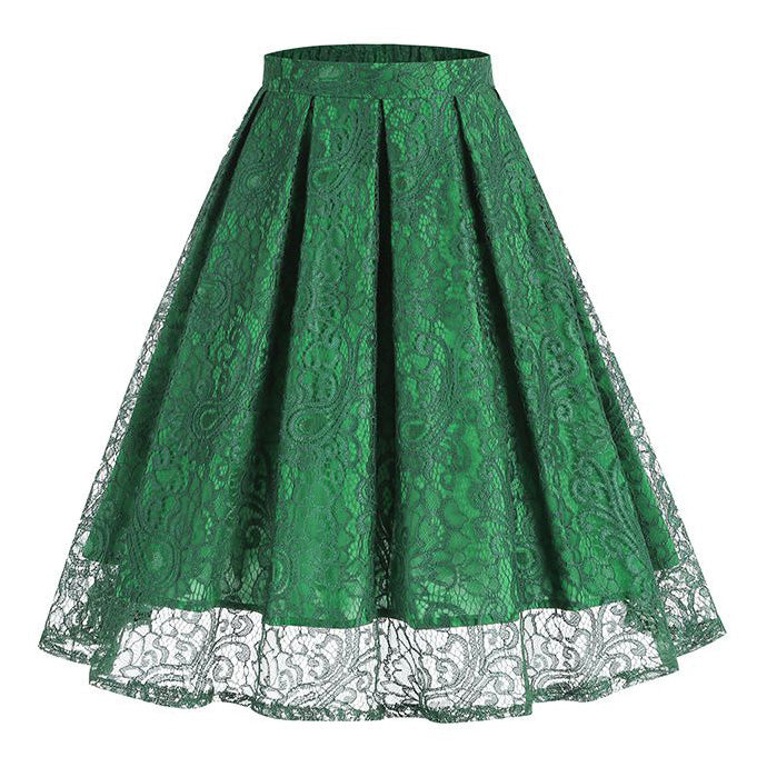 Women Summer Vintage Embroidery Lace Long Skirt Office Lady Half Skirt Green