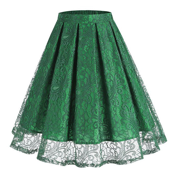 Women Summer Vintage Embroidery Lace Long Skirt Office Lady Half Skirt Green