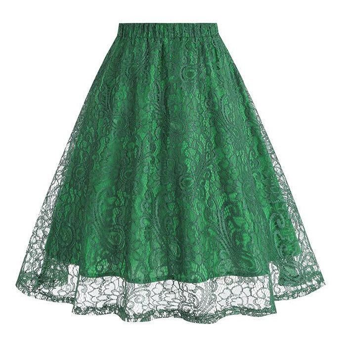 Women Summer Vintage Embroidery Lace Long Skirt Office Lady Half Skirt Green