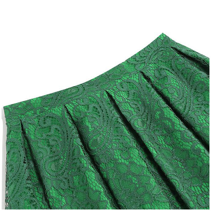 Women Summer Vintage Embroidery Lace Long Skirt Office Lady Half Skirt Green