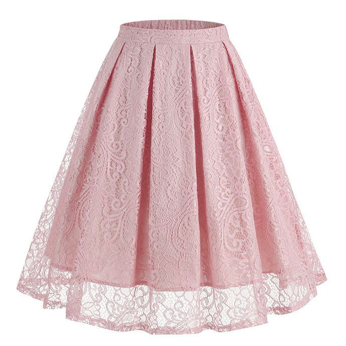 Women Summer Vintage Embroidery Lace Long Skirt Office Lady Half Skirt Pink