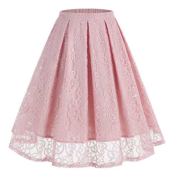 Women Summer Vintage Embroidery Lace Long Skirt Office Lady Half Skirt Pink