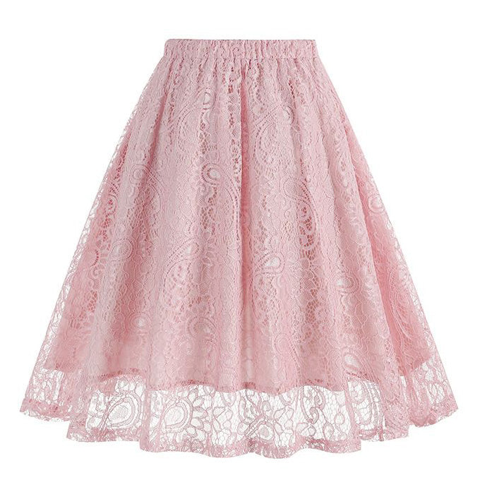 Women Summer Vintage Embroidery Lace Long Skirt Office Lady Half Skirt Pink