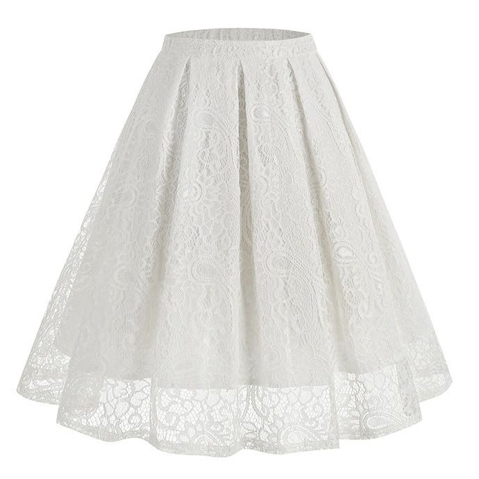 Women Summer Vintage Embroidery Lace Long Skirt Office Lady Half Skirt White