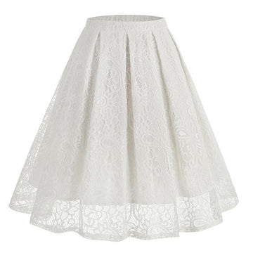 Women Summer Vintage Embroidery Lace Long Skirt Office Lady Half Skirt White