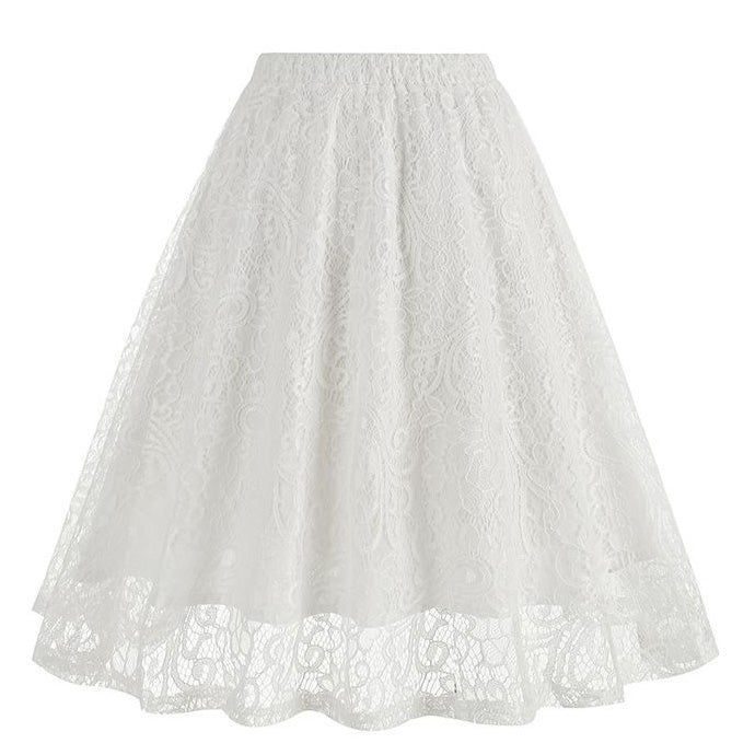 Women Summer Vintage Embroidery Lace Long Skirt Office Lady Half Skirt White