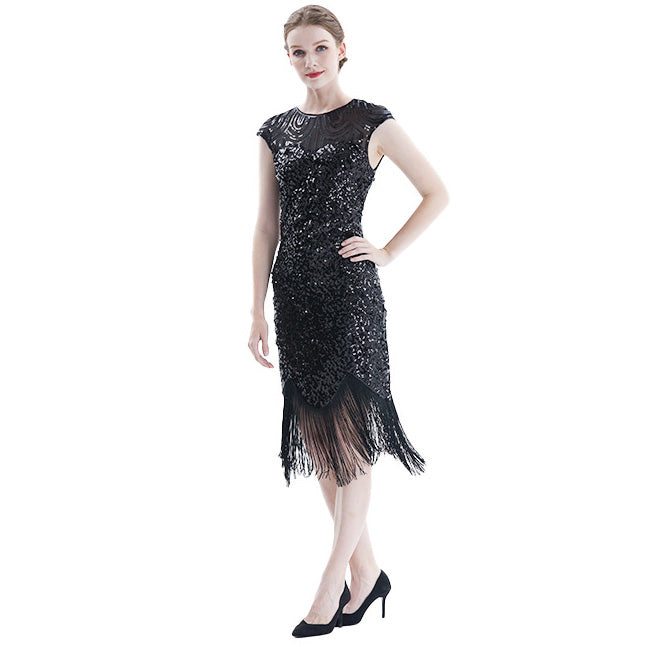 Women Tassel Dresses Sequins Beaded Tassels Party Night Gown 1920 Flapper Dress Black