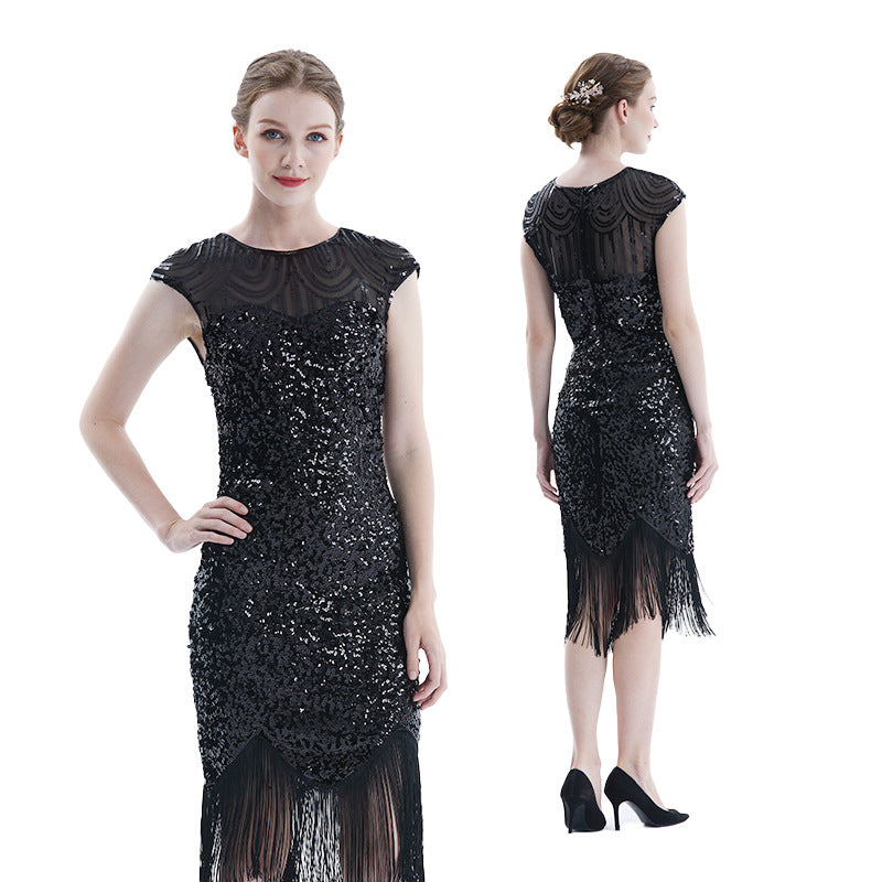 Women Tassel Dresses Sequins Beaded Tassels Party Night Gown 1920 Flapper Dress Black