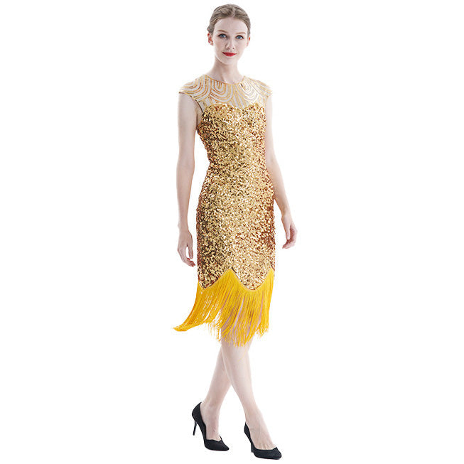 Women Tassel Dresses Sequins Beaded Tassels Party Night Gown 1920 Flapper Dress Gold