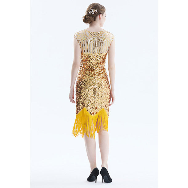 Women Tassel Dresses Sequins Beaded Tassels Party Night Gown 1920 Flapper Dress Gold