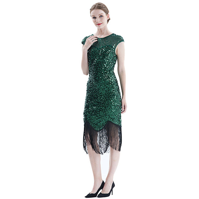 Women Tassel Dresses Sequins Beaded Tassels Party Night Gown 1920 Flapper Dress Green