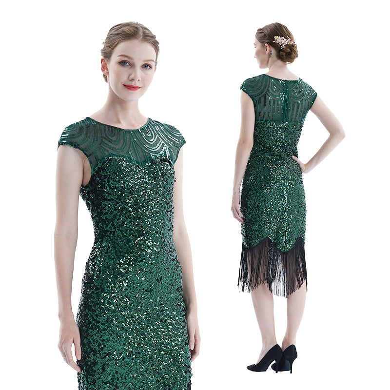Women Tassel Dresses Sequins Beaded Tassels Party Night Gown 1920 Flapper Dress Green