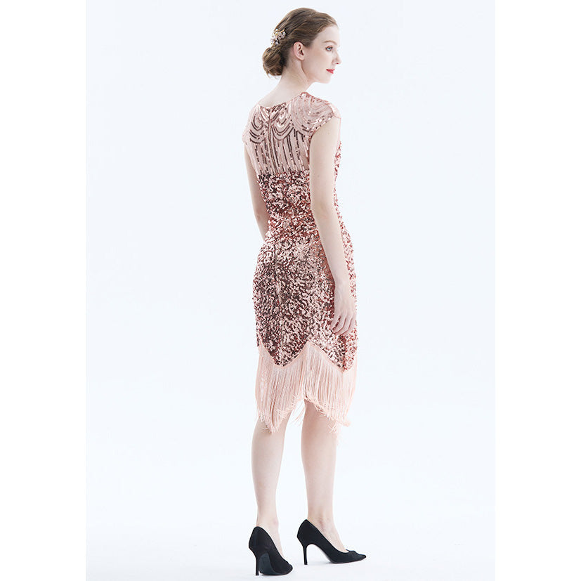Women Tassel Dresses Sequins Beaded Tassels Party Night Gown 1920 Flapper Dress Pink