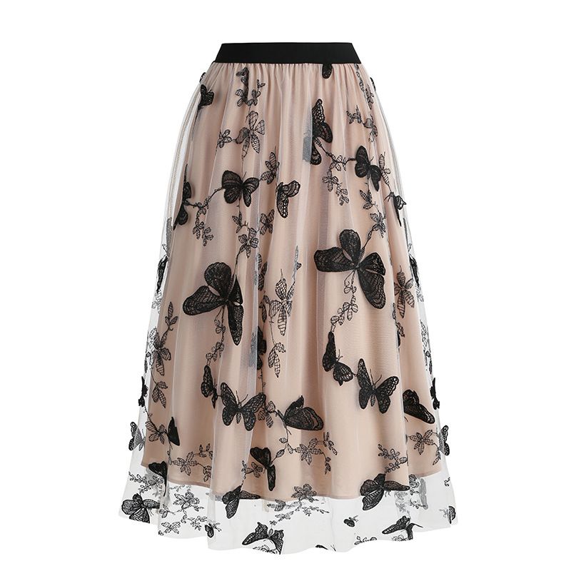 Women Tulle Skirts High Waist Layered Butterfly Print Midi Skirt Beige