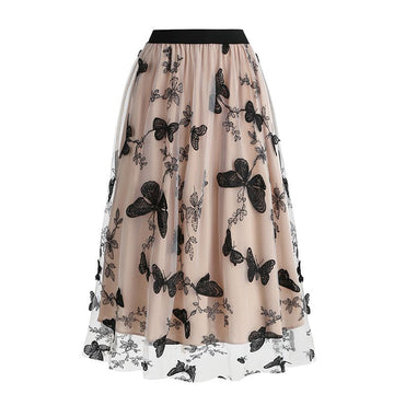 Women Tulle Skirts High Waist Layered Butterfly Print Midi Skirt Beige