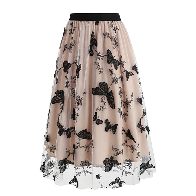Women Tulle Skirts High Waist Layered Butterfly Print Midi Skirt Beige