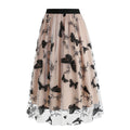 Women Tulle Skirts High Waist Layered Butterfly Print Midi Skirt Beige