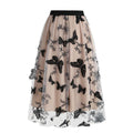 Women Tulle Skirts High Waist Layered Butterfly Print Midi Skirt Beige