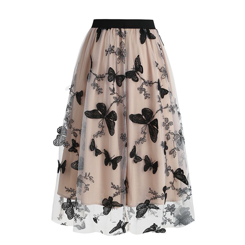 Women Tulle Skirts High Waist Layered Butterfly Print Midi Skirt Beige