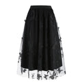 Women Tulle Skirts High Waist Layered Butterfly Print Midi Skirt Black
