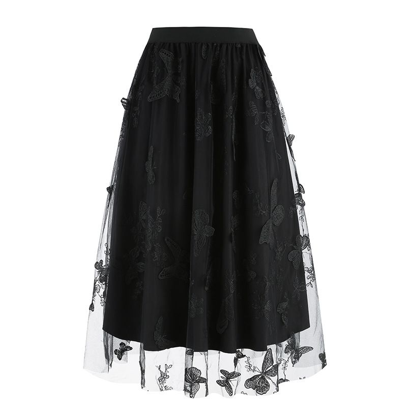 Women Tulle Skirts High Waist Layered Butterfly Print Midi Skirt Black