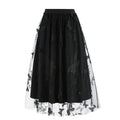 Women Tulle Skirts High Waist Layered Butterfly Print Midi Skirt Black