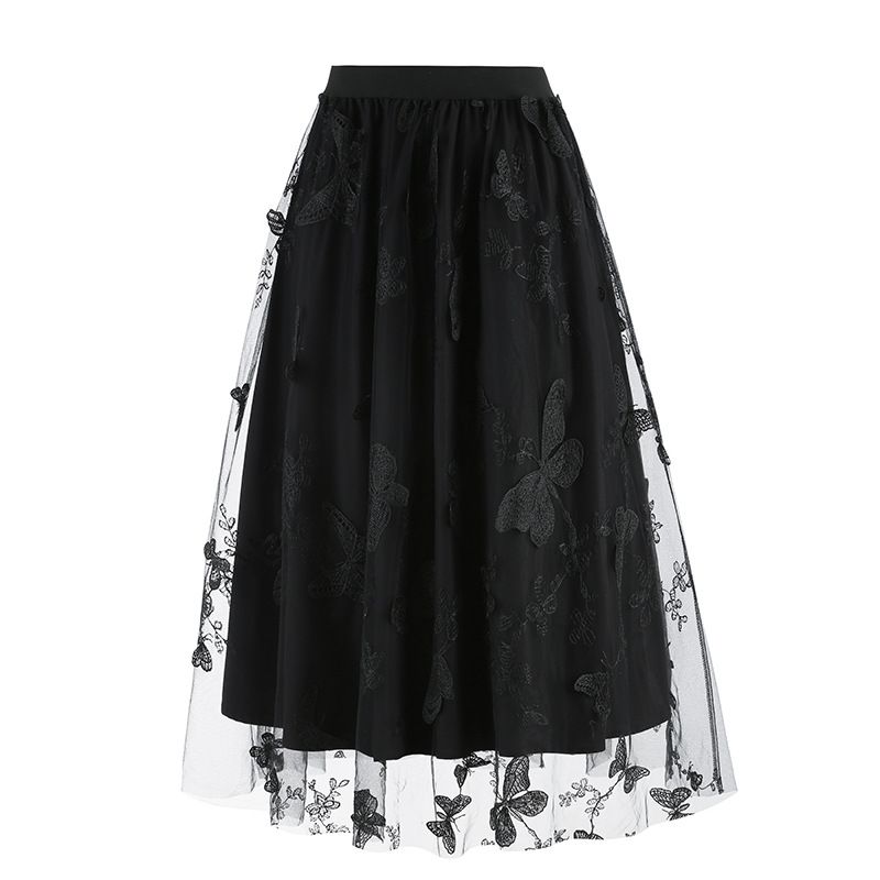 Women Tulle Skirts High Waist Layered Butterfly Print Midi Skirt Black