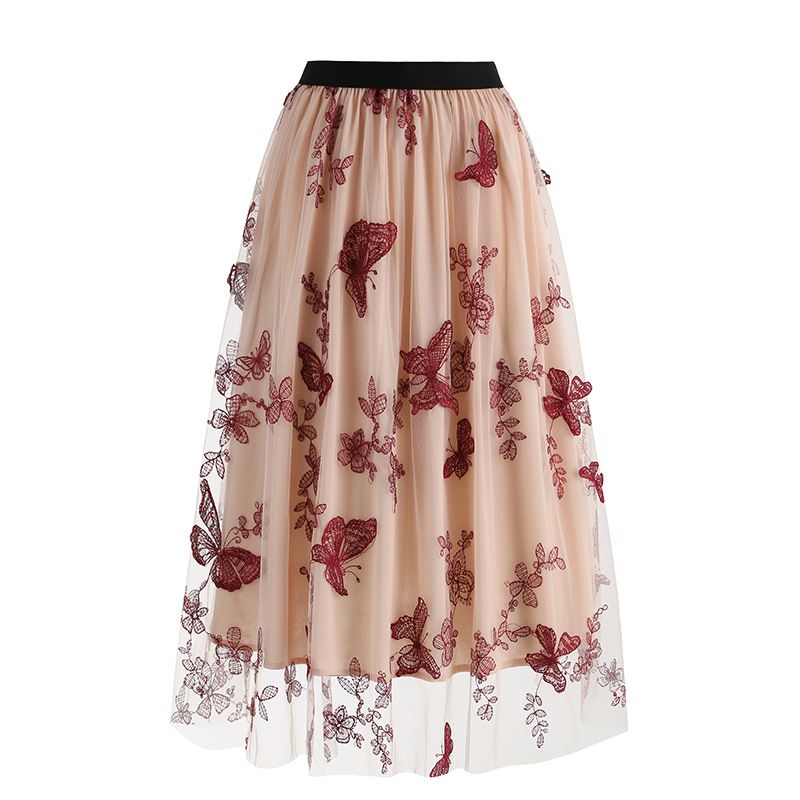 Women Tulle Skirts High Waist Layered Butterfly Print Midi Skirt Pink
