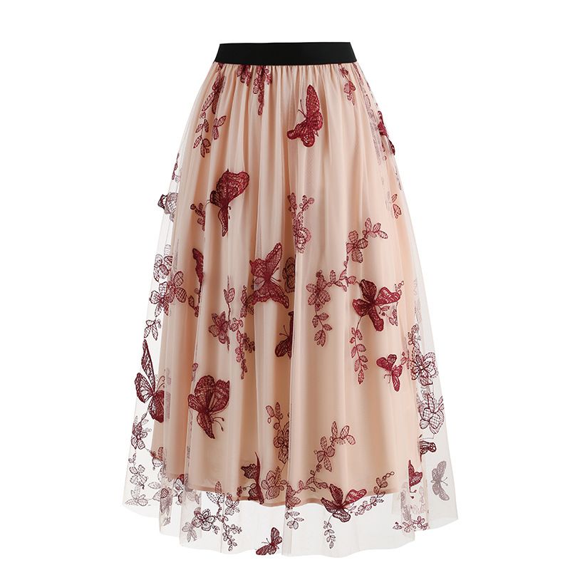 Women Tulle Skirts High Waist Layered Butterfly Print Midi Skirt Pink
