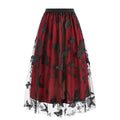 Women Tulle Skirts High Waist Layered Butterfly Print Midi Skirt Red