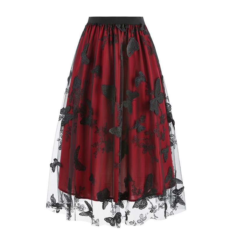 Women Tulle Skirts High Waist Layered Butterfly Print Midi Skirt Red