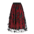 Women Tulle Skirts High Waist Layered Butterfly Print Midi Skirt Red