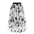 Women Tulle Skirts High Waist Layered Butterfly Print Midi Skirt White
