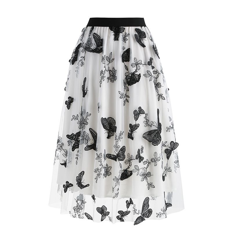 Women Tulle Skirts High Waist Layered Butterfly Print Midi Skirt White