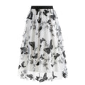 Women Tulle Skirts High Waist Layered Butterfly Print Midi Skirt White