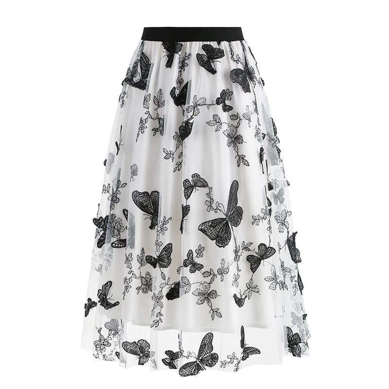 Women Tulle Skirts High Waist Layered Butterfly Print Midi Skirt White