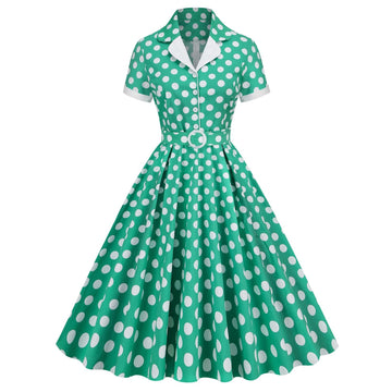 Women V-Neck Cocktail Swing Dress 50s Button Up Rockabilly Prom Dress Green