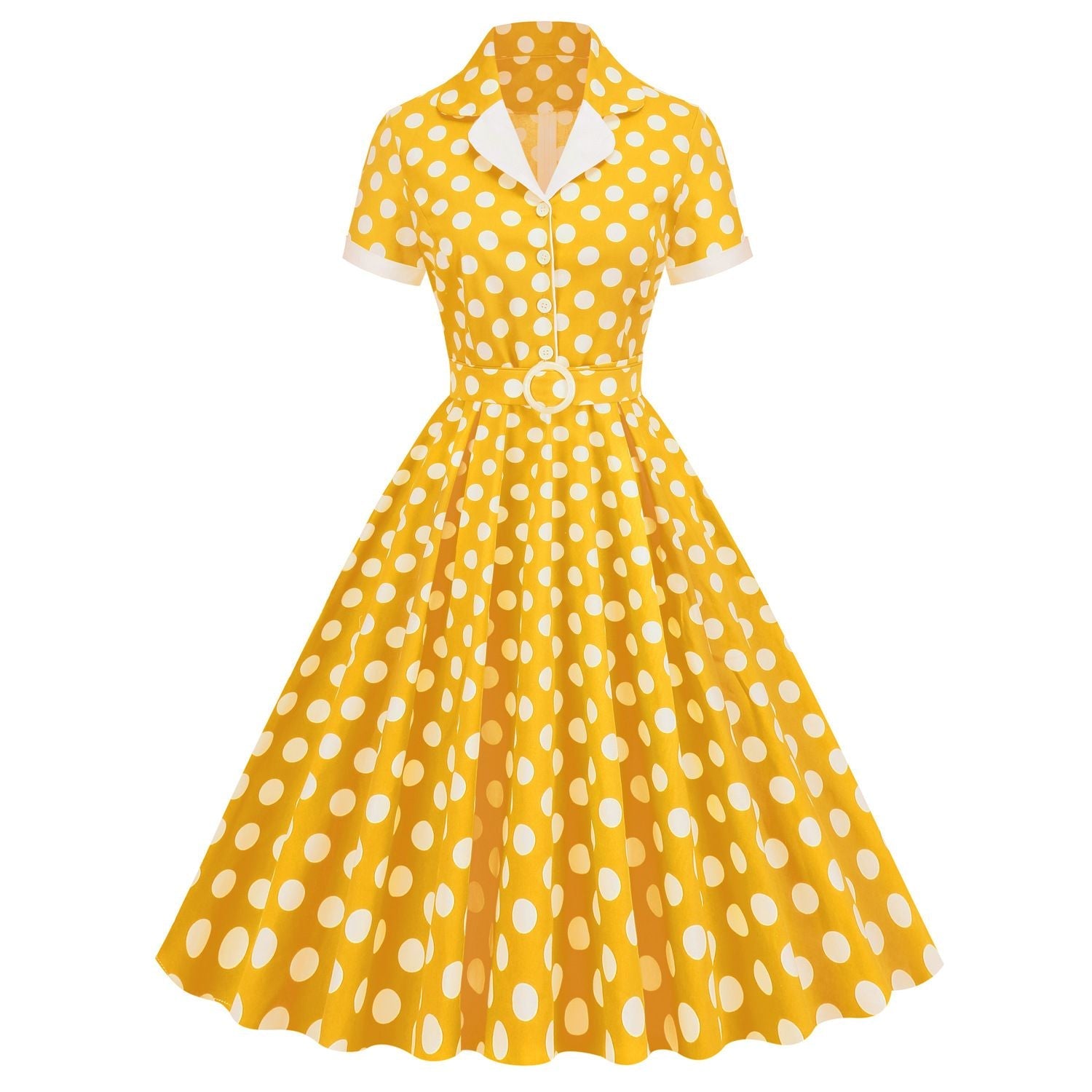 Women V-Neck Cocktail Swing Dress 50s Button Up Rockabilly Prom Dress Green Yellow