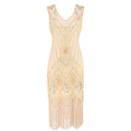 Women Vintage 1920s Glamour Beaded Fringed Gatsby Party Flapper Dress Beige